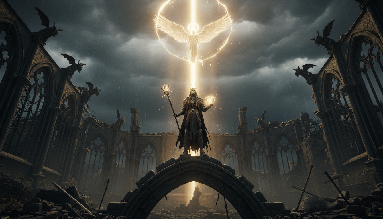 Diablo 4 character standing in ruins with divine light beam representing Season 11